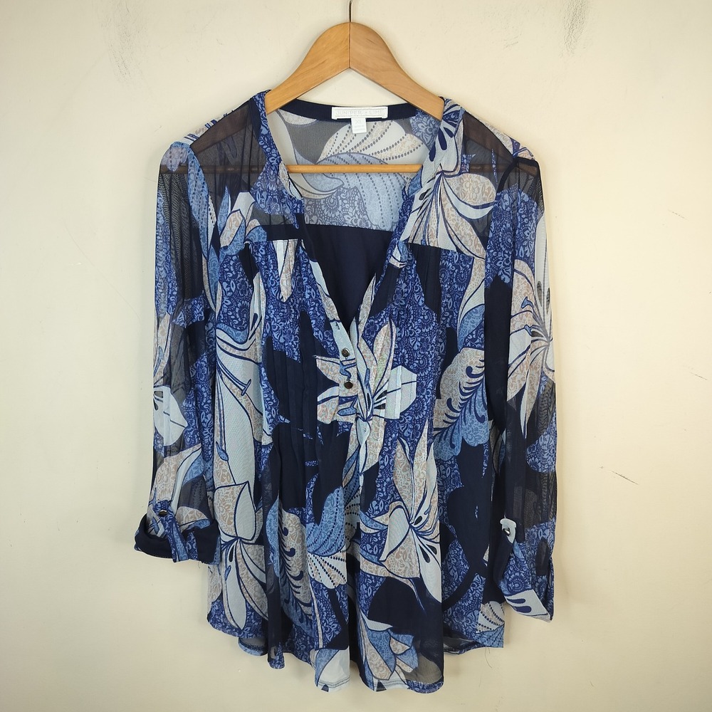 Juniper + Lime Floral Mesh Blouse Women XL Sheer Roll Tab Sleeve Navy Stretch